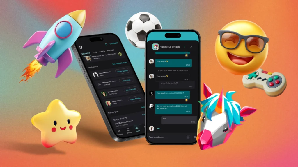 E-Sports betting social features app screens with playful 3D gaming icons