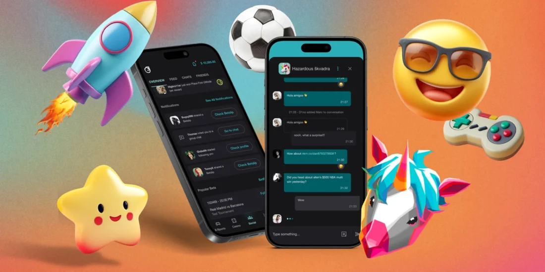 E-Sports betting social features app screens with playful 3D gaming icons