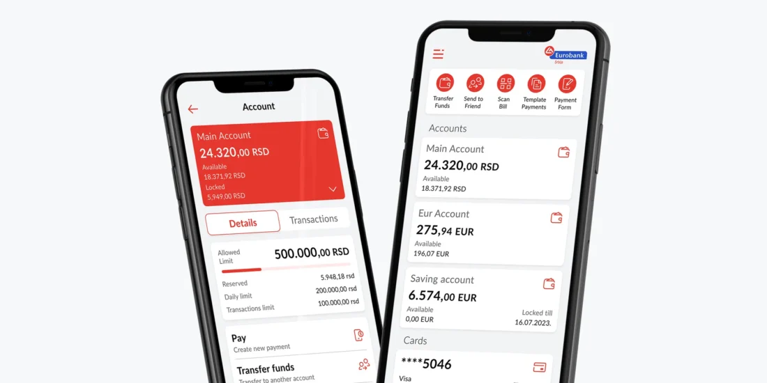 Eurobank mobile banking app UI on smartphones