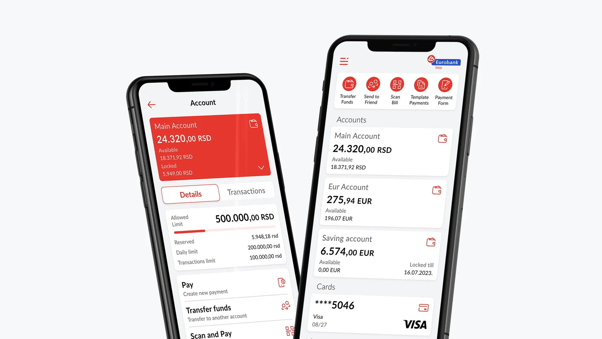 Eurobank mobile banking app UI on smartphones