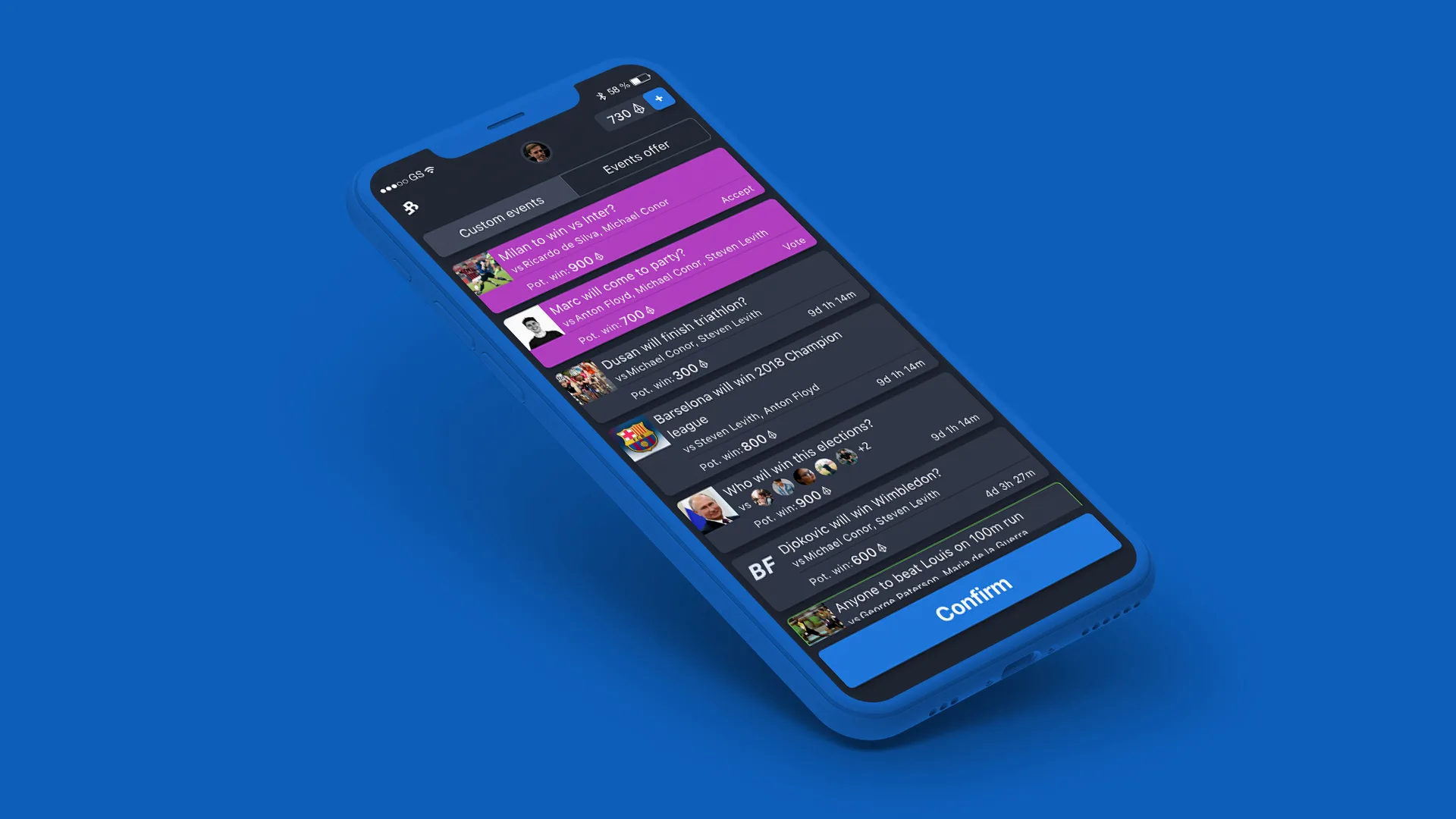 BetFriends social sports betting app UI on a smartphone